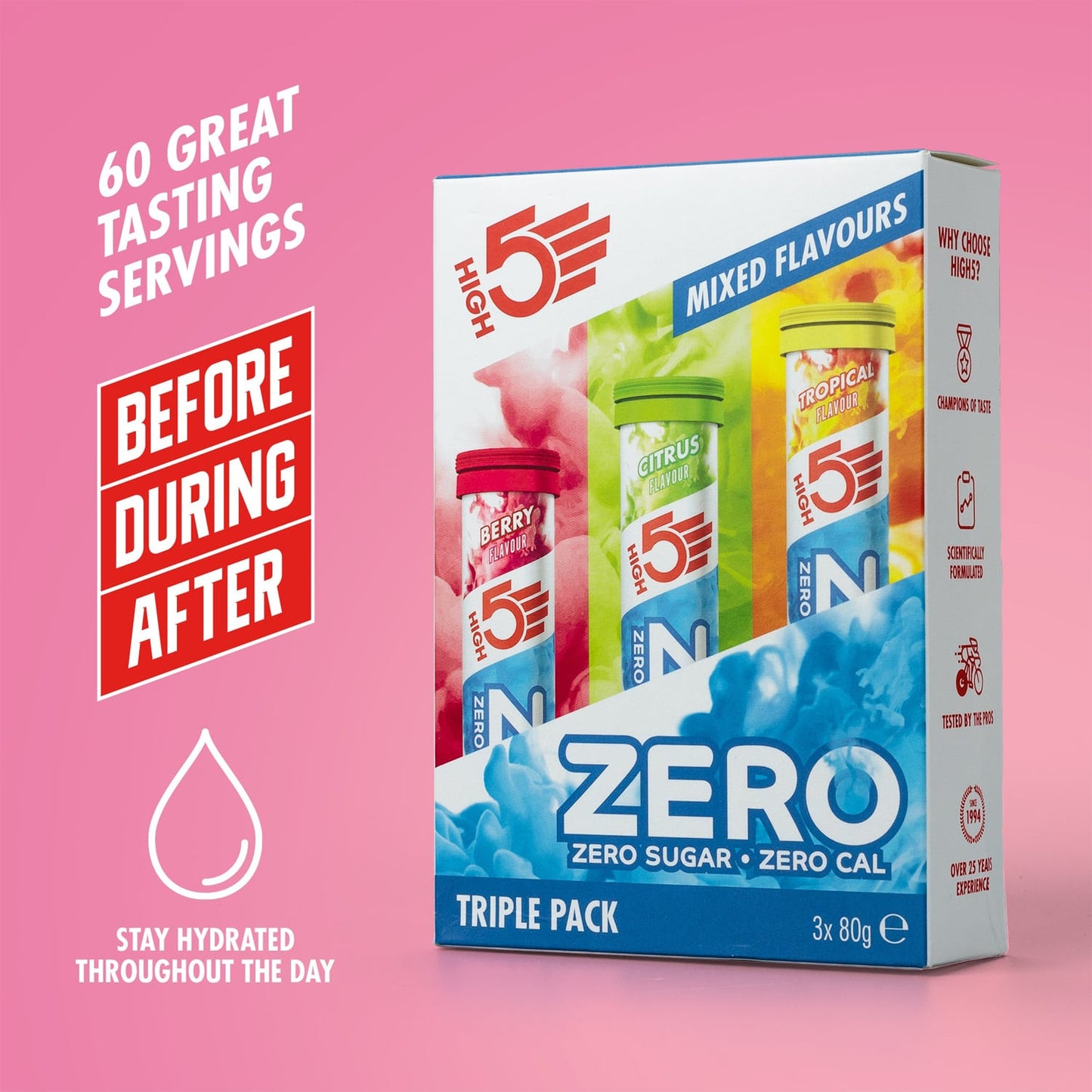 3x20 Pack High5 ZERO Hydration Elektrolyt Frukt Röd/Citron/Tropisk Sugtabletter
