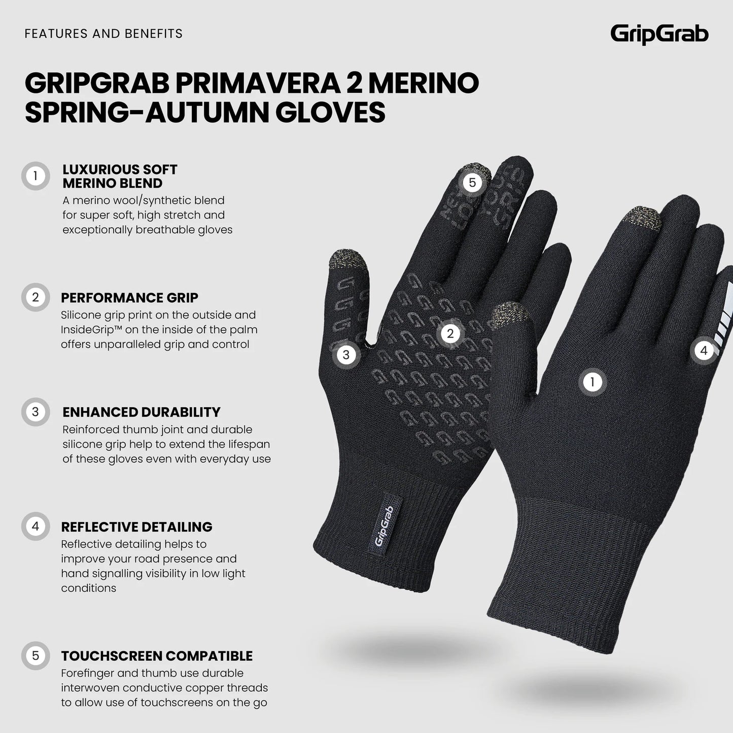 GRIPGRAB PRIMAVERA 2 MERINO SPRING AUTUMN Gloves Black