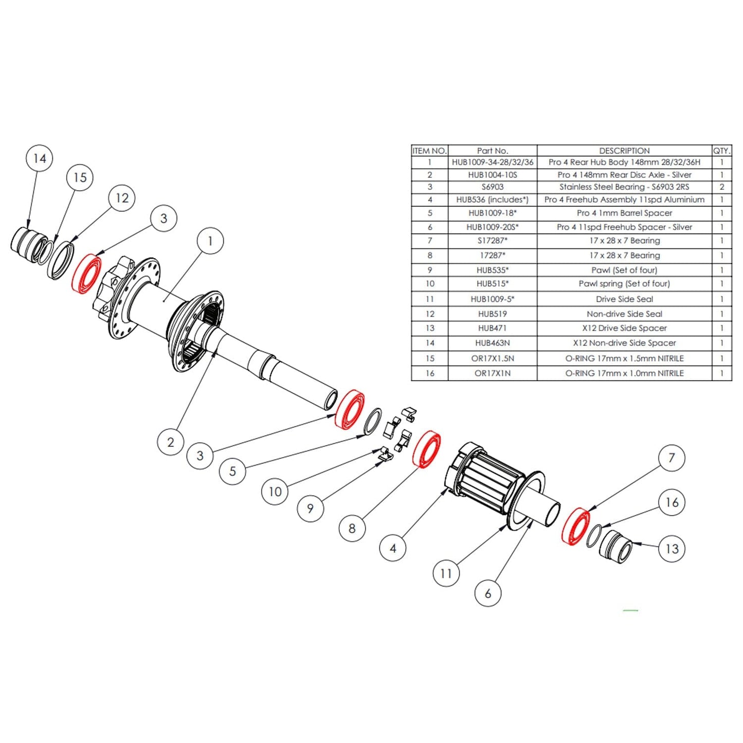 Lagersats för HOPE PRO4 bakre nav #HUB3P4R