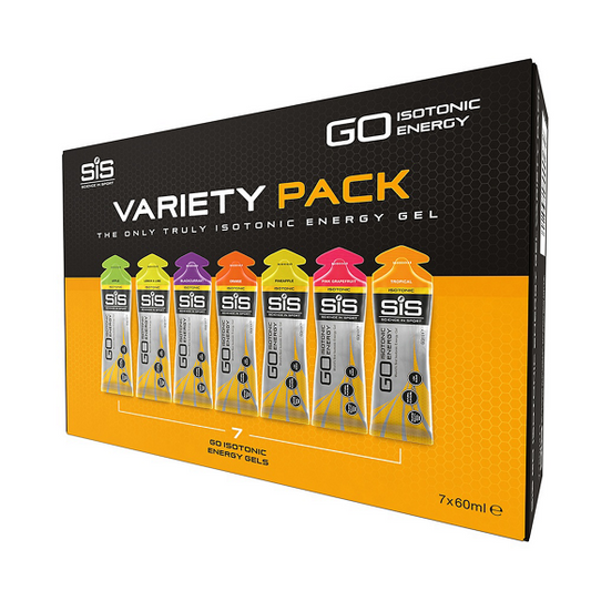 Förpackning med 7 glutenfria SIS GEL GO ISOTONIC Energy Gels (60 ml)