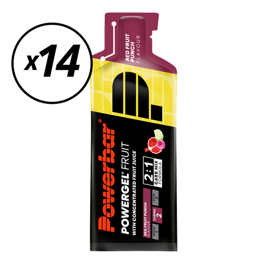 Förpackning med 14 POWERBAR POWERGEL FRUIT Energy Gels (41gr) Röd frukt Kort hållbarhetstid