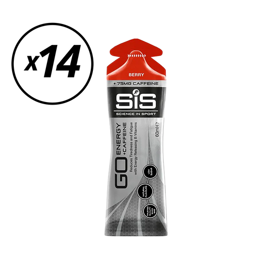 Förpackning med 14 SIS GO ISOTONIC ENERGY koffeingeler (60 ml) Röd frukt Kort hållbarhetstid